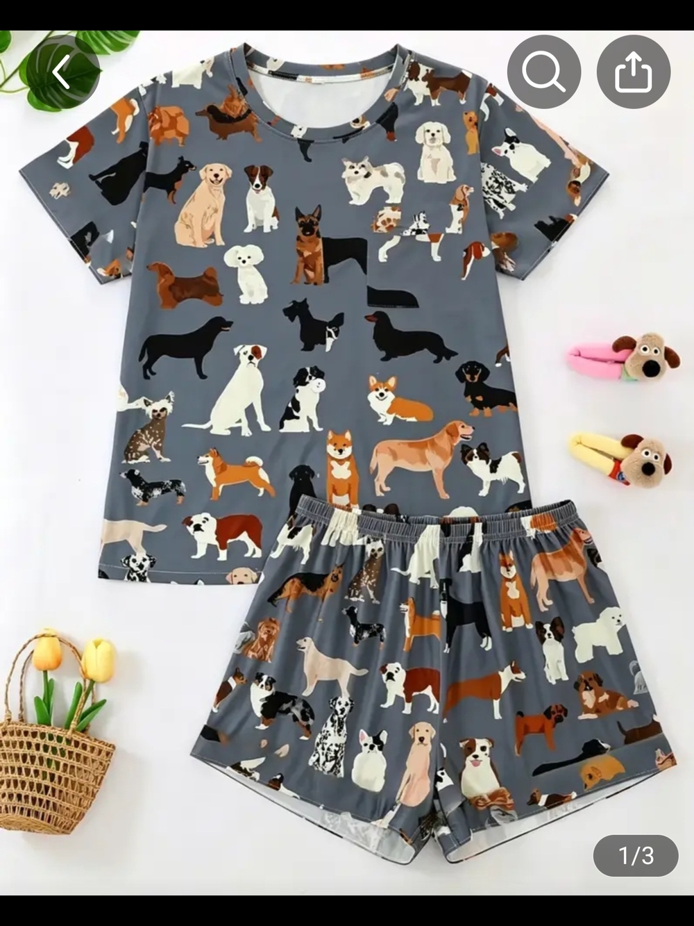 Gray Dog Print Pajama Set - Cute Dogs Short Sleeve Top & Shorts- Size Mediim
